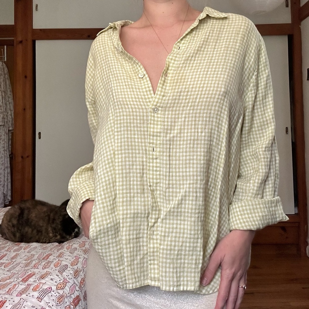 J. Jill Light Green Gingham Button Down Linen Shirt